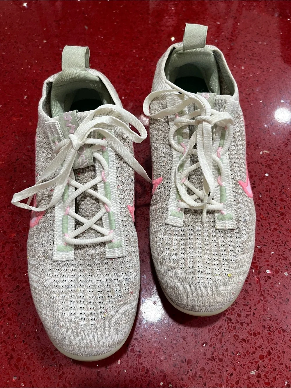 Nike Women's Vapormax Light Beige Knit Running Shoes with Pink Swoosh